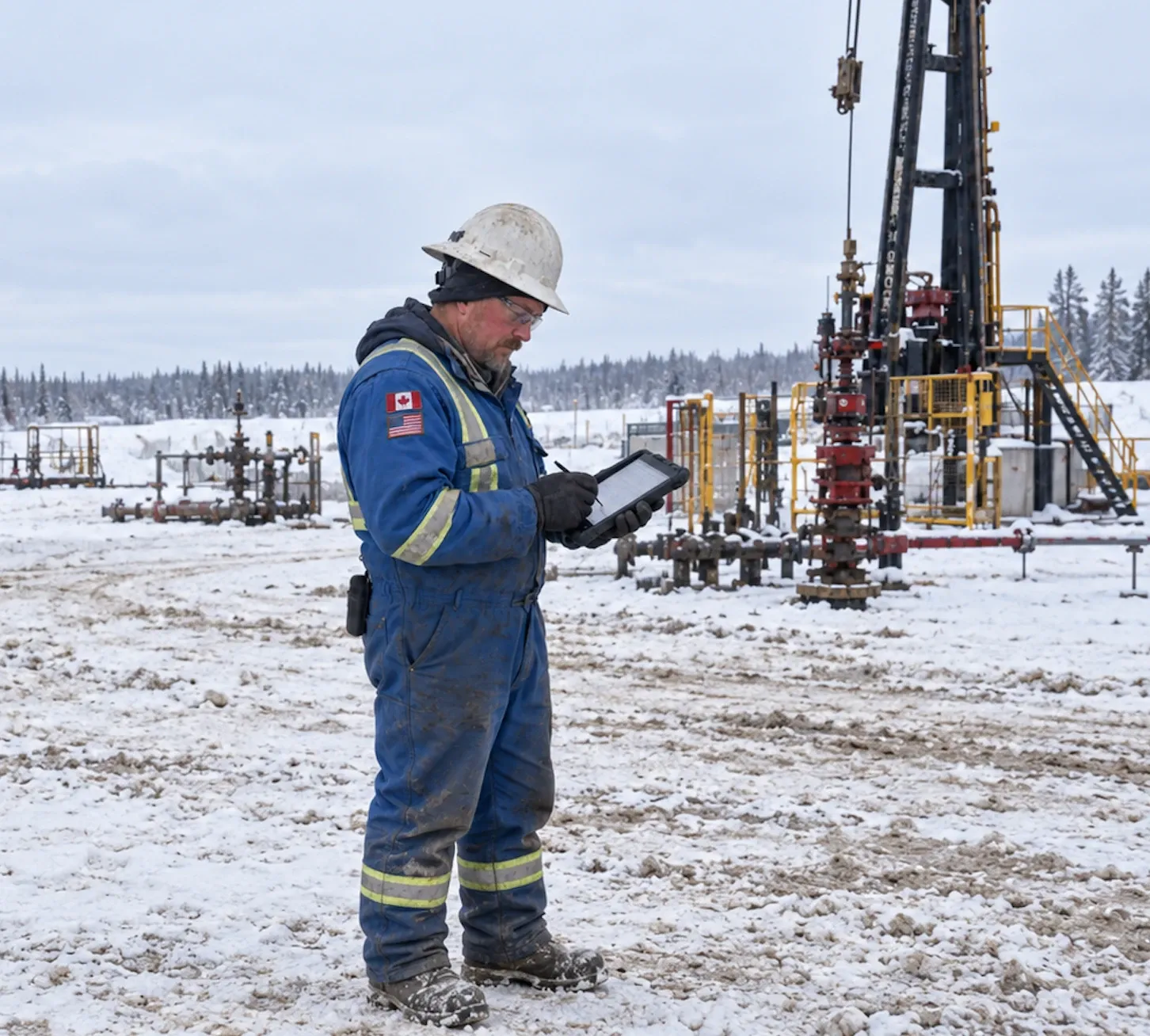 A field worker records the day's work beside a drilling rig in winter.