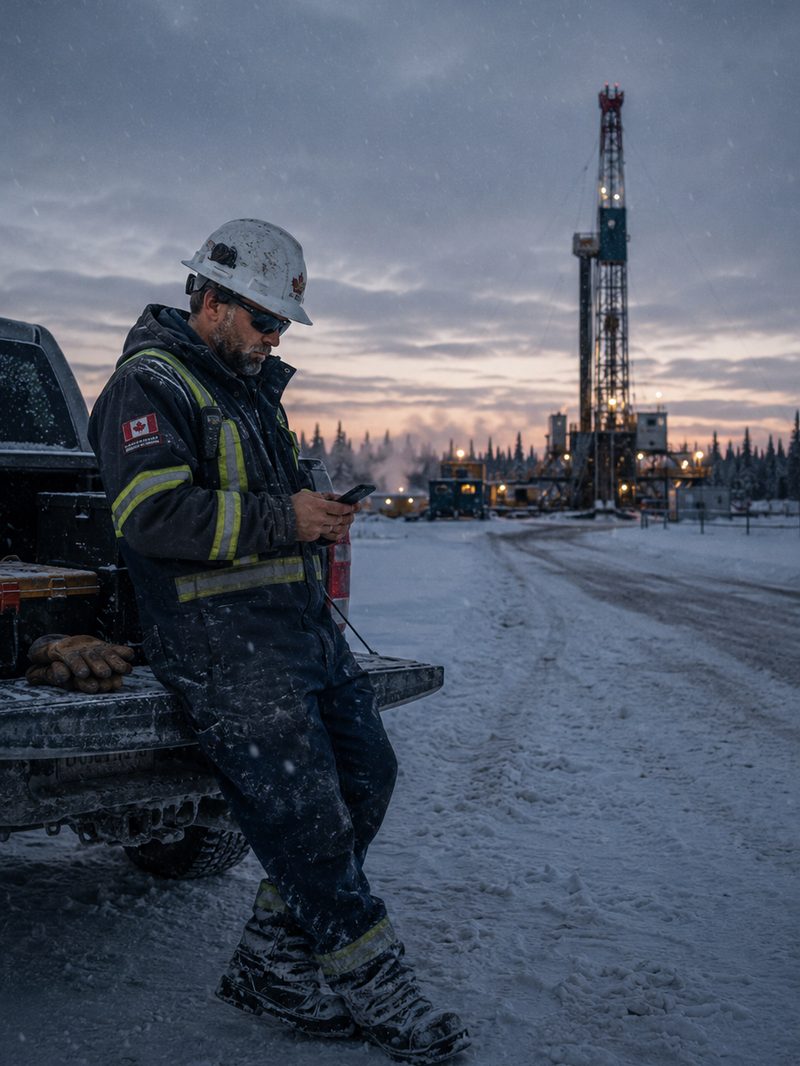 Foreman filling in a daily ticket on his phone at the tailgate, drilling rig lit behind him at dusk